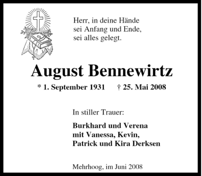  Traueranzeige für August Bennewirtz vom 14.06.2008 aus Tageszeitung