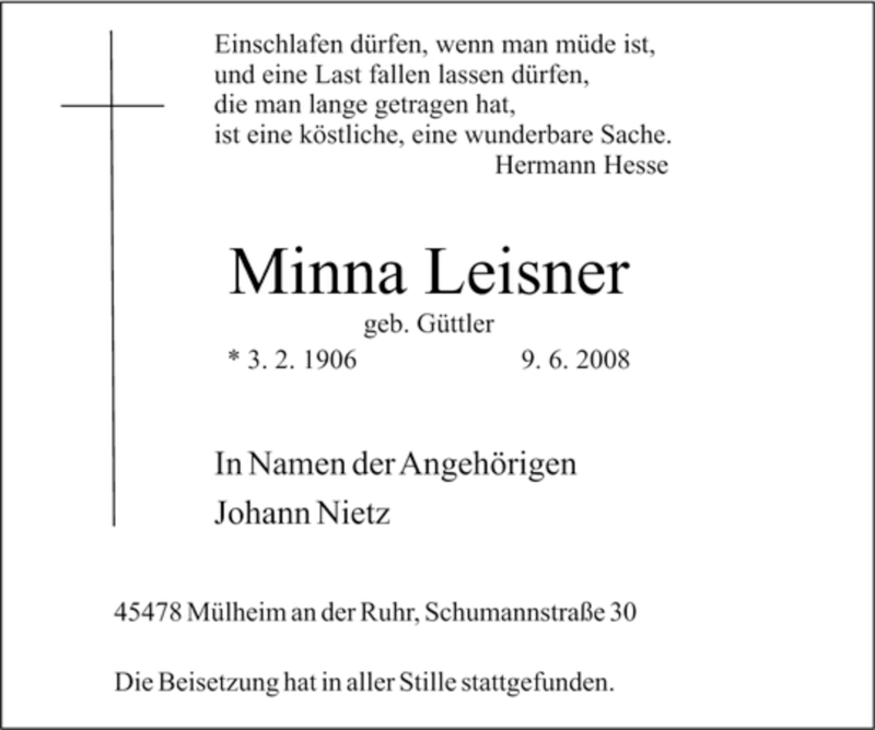  Traueranzeige für Minna Leisner vom 14.06.2008 aus Tageszeitung