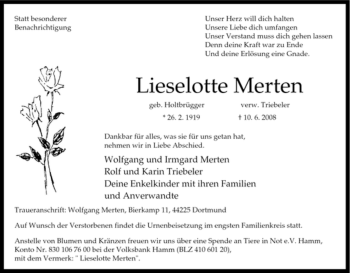Traueranzeige von Lieselotte Merten von Tageszeitung