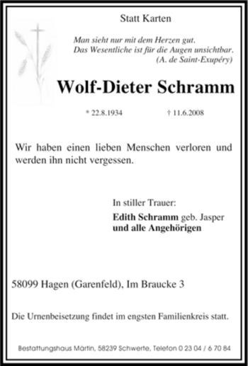 Traueranzeige von Wolf-Dieter Schramm von Tageszeitung