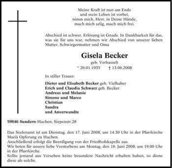 Traueranzeige von Gisela Becker von Tageszeitung