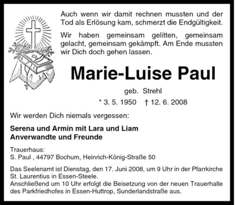  Traueranzeige für Marie-Luise Paul vom 14.06.2008 aus Tageszeitung