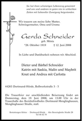 Traueranzeige von Gerda Schneider von Tageszeitung