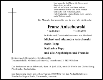 Traueranzeige von Franz Anischewski von Tageszeitung