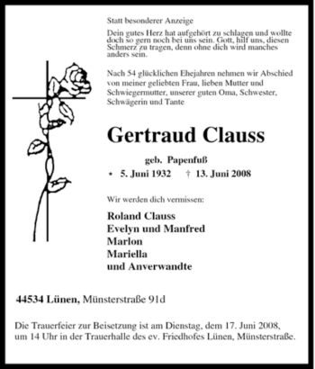 Traueranzeige von Gertraud Clauss von Tageszeitung