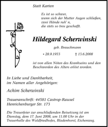 Traueranzeige von Hildegard Scherwinski von Tageszeitung
