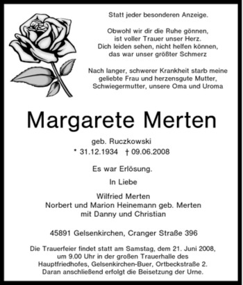 Traueranzeige von Margarete Merten von Tageszeitung