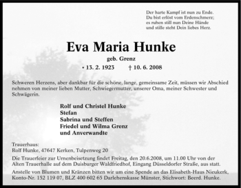 Traueranzeige von Eva Maria Hunke von Tageszeitung