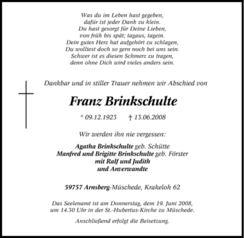 Traueranzeige von Franz Brinkschulte von Tageszeitung