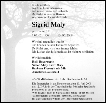 Traueranzeige von Sigrid Maly von Tageszeitung