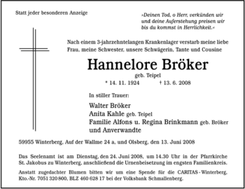 Traueranzeige von Hannelore Bröker von Tageszeitung