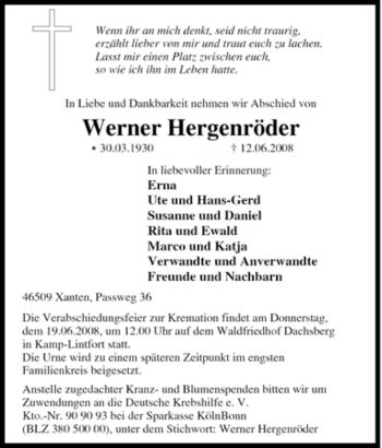 Traueranzeige von Werner Hergenröder von Tageszeitung