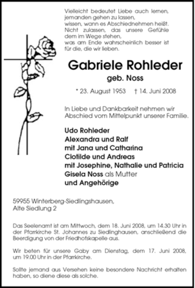  Traueranzeige für Gabriele Rohleder vom 16.06.2008 aus Tageszeitung