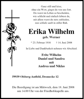 Traueranzeige von Erika Wilhelm von Tageszeitung