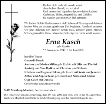 Traueranzeige von Erna Kusch von Tageszeitung