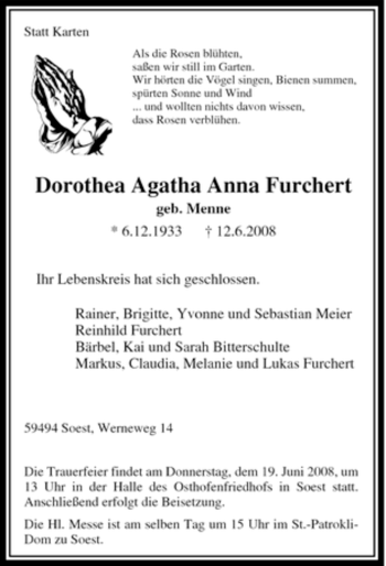 Traueranzeige von Dorothea Agatha Anna Furchert von Tageszeitung