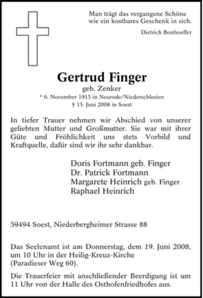  Traueranzeige für Gertrud Finger vom 17.06.2008 aus Tageszeitung