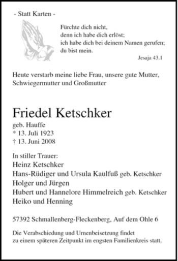 Traueranzeige von Friedel Ketschker von Tageszeitung