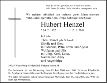 Traueranzeige von Hubert Henzel von Tageszeitung