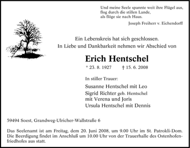  Traueranzeige für Erich Hentschel vom 17.06.2008 aus Tageszeitung