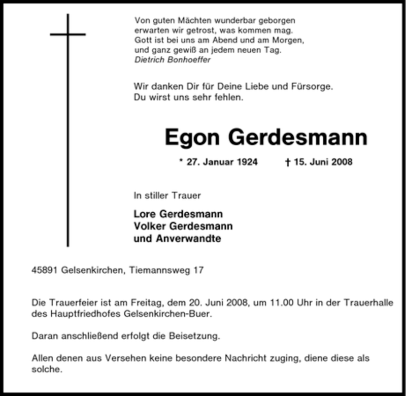  Traueranzeige für Egon Gerdesmann vom 17.06.2008 aus Tageszeitung