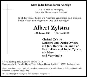 Traueranzeige von Albert Zylstra von Tageszeitung