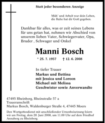Traueranzeige von Manni Bosch von Tageszeitung