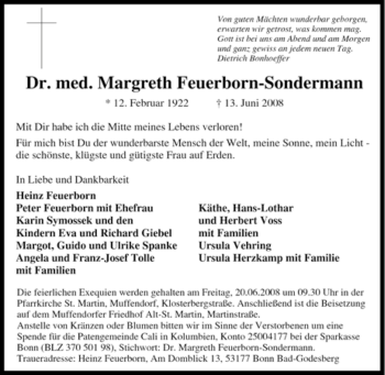 Traueranzeige von Margreth Feuerborn-Sondermann von Tageszeitung