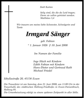 Traueranzeige von Irmgard Sänger von Tageszeitung