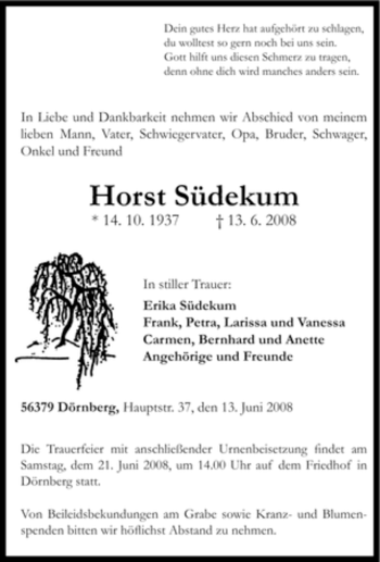 Traueranzeige von Horst Südekum von Tageszeitung
