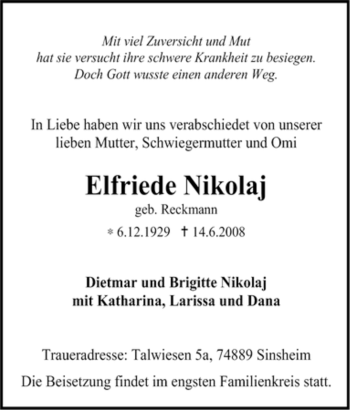 Traueranzeige von Elfriede Nikolaj von Tageszeitung