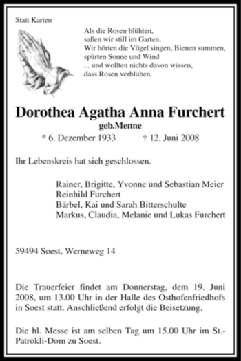 Traueranzeige von Dorothea Agatha Anna Furchert von Tageszeitung
