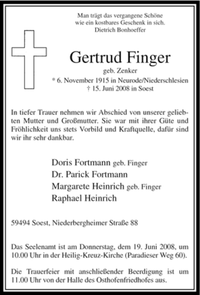  Traueranzeige für Gertrud Finger vom 17.06.2008 aus Tageszeitung