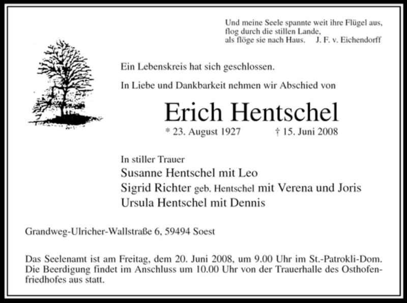  Traueranzeige für Erich Hentschel vom 17.06.2008 aus Tageszeitung