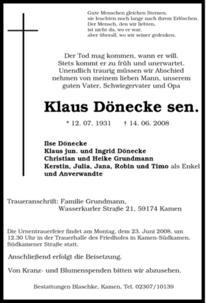 Traueranzeigen von Klaus Dönecke TrauerinNRW.de