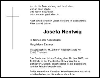 Traueranzeige von Josefa Nentwig von Tageszeitung