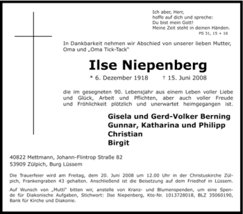 Traueranzeige von Ilse Niepenberg von Tageszeitung