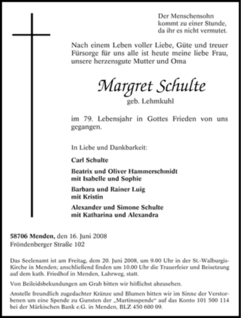 Traueranzeige von Margret Schulte von Tageszeitung