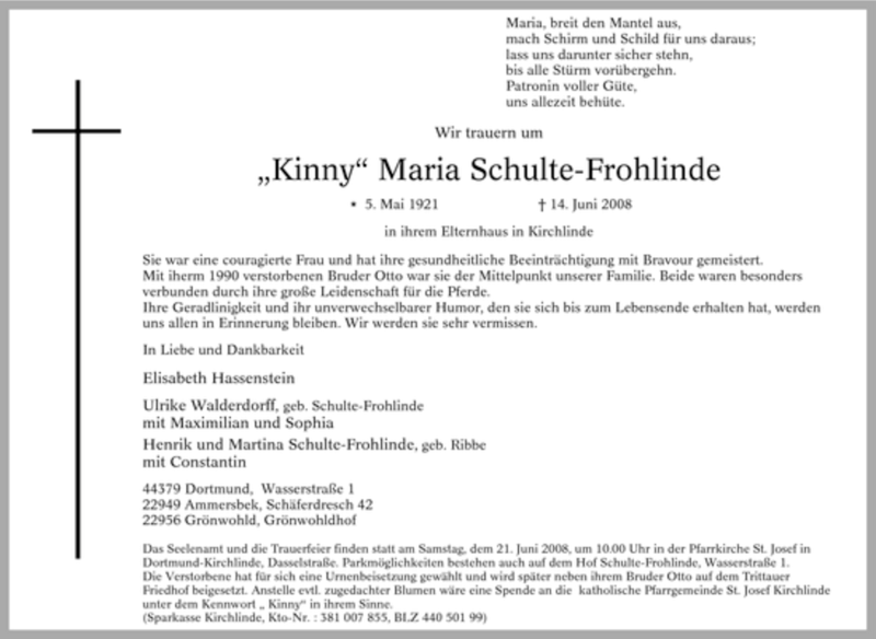 Traueranzeige für Maria Schulte-Frohlinde vom 18.06.2008 aus Tageszeitung
