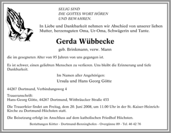 Traueranzeige von Gerda Wübbecke von Tageszeitung