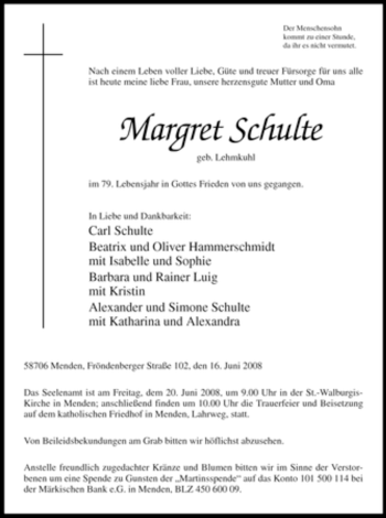 Traueranzeige von Margret Schulte von Tageszeitung