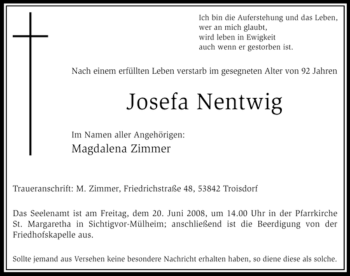 Traueranzeige von Josefa Nentwig von Tageszeitung