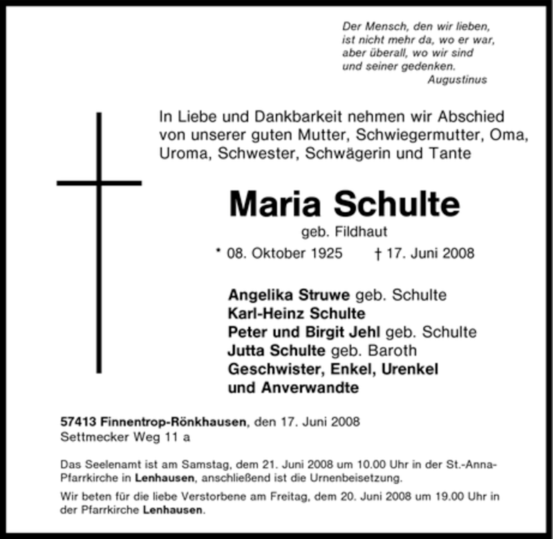  Traueranzeige für Maria Schulte vom 19.06.2008 aus Tageszeitung