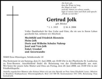 Traueranzeige von Gertrud Jolk von Tageszeitung