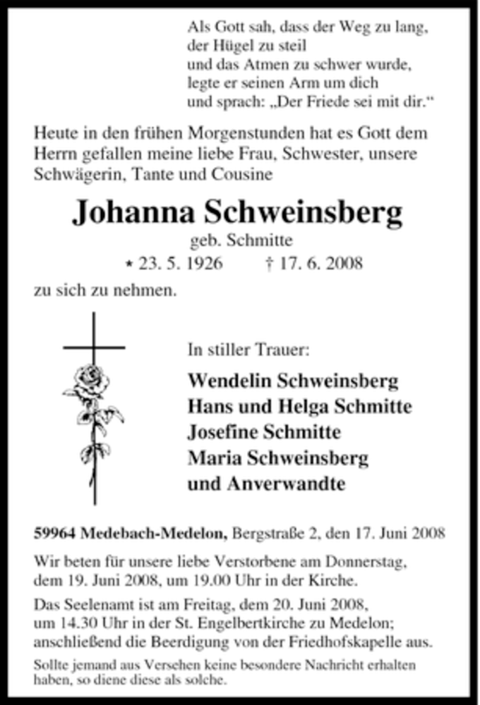  Traueranzeige für Johanna Schweinsberg vom 19.06.2008 aus Tageszeitung