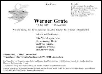 Traueranzeige von Werner Grote von Tageszeitung
