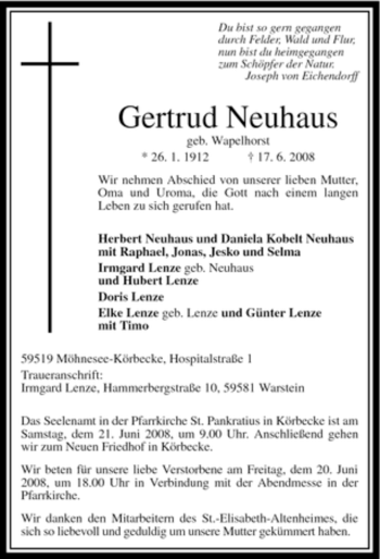 Traueranzeige von Gertrud Neuhaus von Tageszeitung