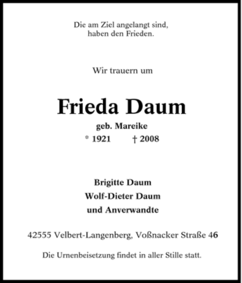 Traueranzeige von Frieda Daum von Tageszeitung