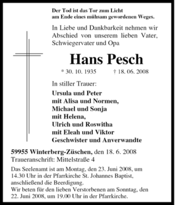 Traueranzeige von Hans Pesch von Tageszeitung