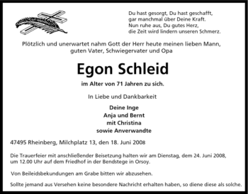 Traueranzeige von Egon Schleid von Tageszeitung